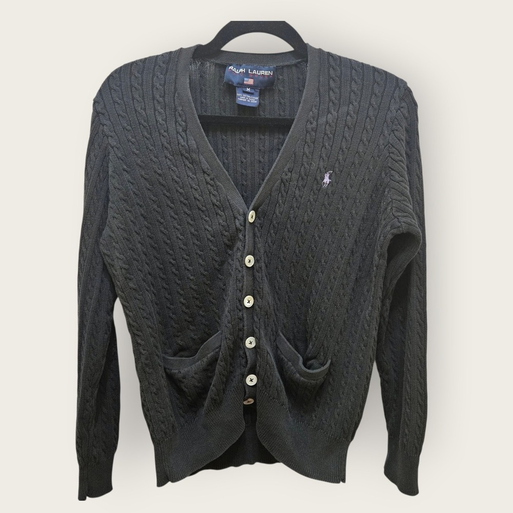 Ralph Lauren Polo Sport Womens Black Cable Knit Cotton Cardigan Sweater Size M